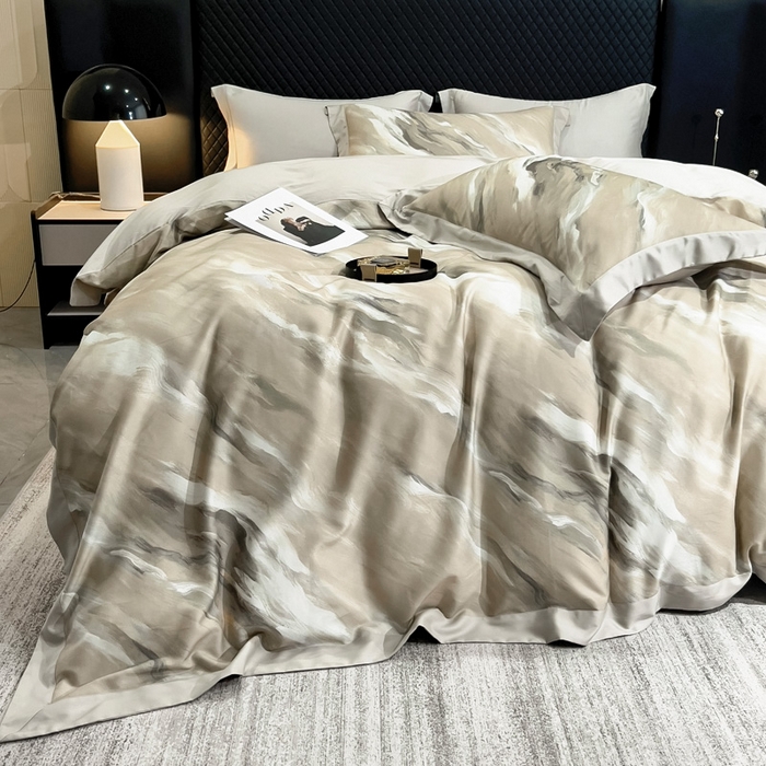 91家纺网 家纺一手货源 找家纺 氧家 2024新款数码印花天丝磨毛艾阳绒四件套 云汉卡其