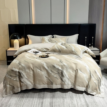 氧家 2024新款数码印花天丝磨毛艾阳绒四件套 云汉卡其