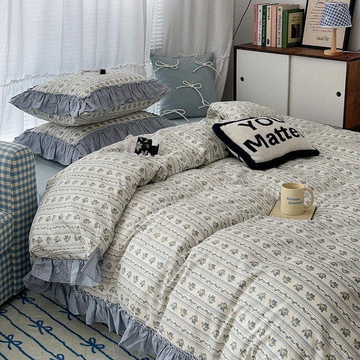 91家纺网 家纺一手货源 找家纺 昔可家纺 2024新款双层纱贴边全棉四件套 蓝茵篱珞