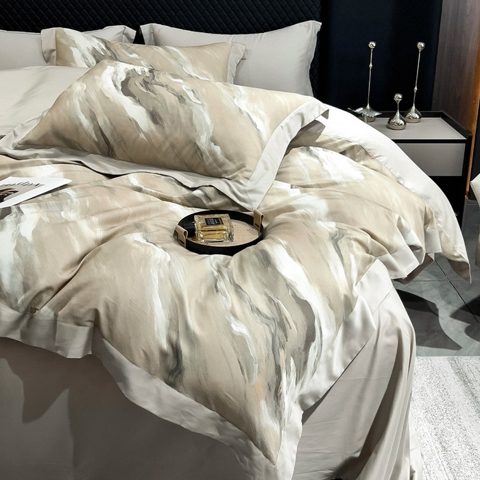 91家纺网 家纺一手货源 找家纺 氧家 2024新款数码印花天丝磨毛艾阳绒四件套 云汉卡其