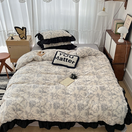 91家纺网 家纺一手货源 找家纺 （总）昔可家纺 2024黑色贴边花边全棉款四件套