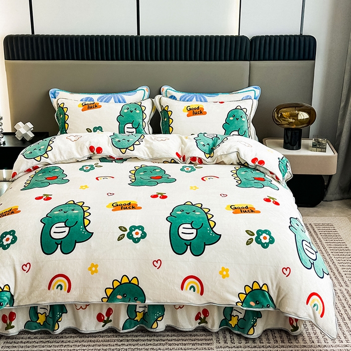 91家纺网 家纺一手货源 找家纺 欧喜璐 2024年新款 8.5-9.5斤加厚牛奶绒金貂绒法莱绒四件套单被套 小恐龙