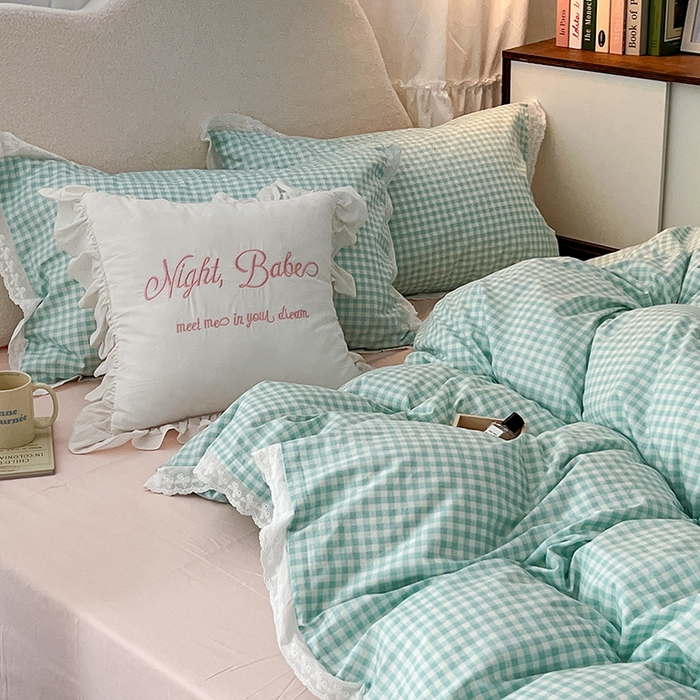 91家纺网 家纺一手货源 找家纺 昔可家纺 2024新款m1u系格子蕾丝花边四件套 森系绿格