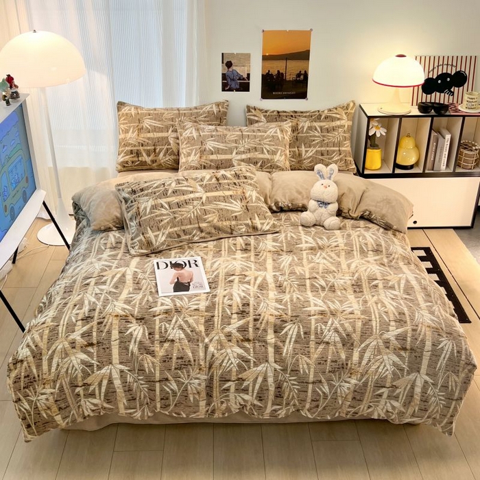 91家纺网 家纺一手货源 找家纺 2024新款原创白色小清新场景雕花牛奶绒单被套四件套 国风竹叶