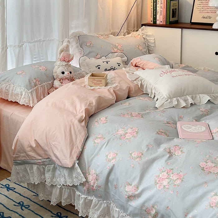 91家纺网 家纺一手货源 找家纺 昔可家纺 2024新款仙仙蕾丝贴边全棉花边款四件套 粉樱花蕾