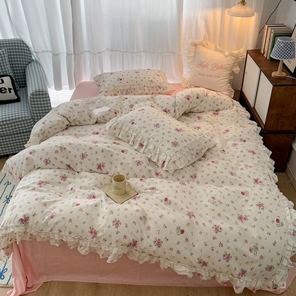 昔可家纺 2024蕾丝双层花边款全棉四件套 尤莉少女