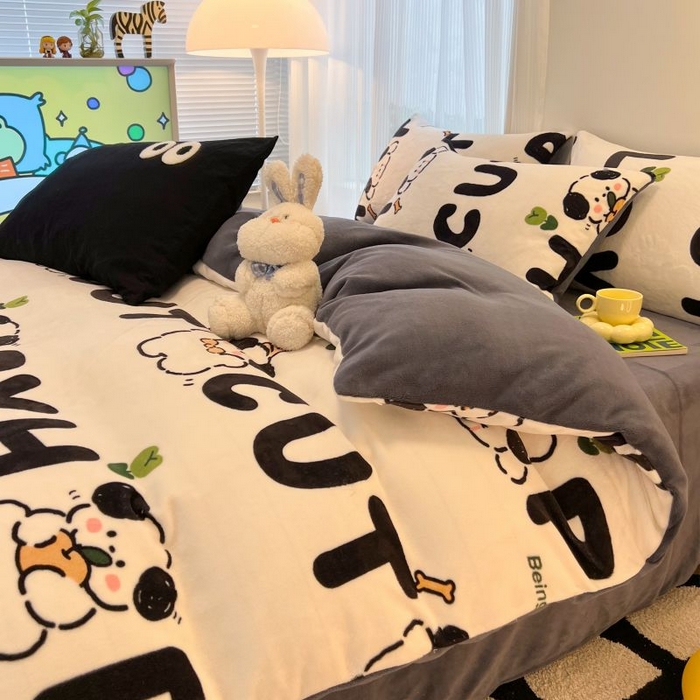 91家纺网 家纺一手货源 找家纺 2024新款原创小清新牛奶绒印花四件套 嗨皮狗