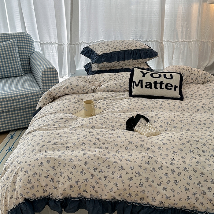 91家纺网 家纺一手货源 找家纺 昔可家纺 2024新款双层纱贴边全棉四件套 复古小蓝花