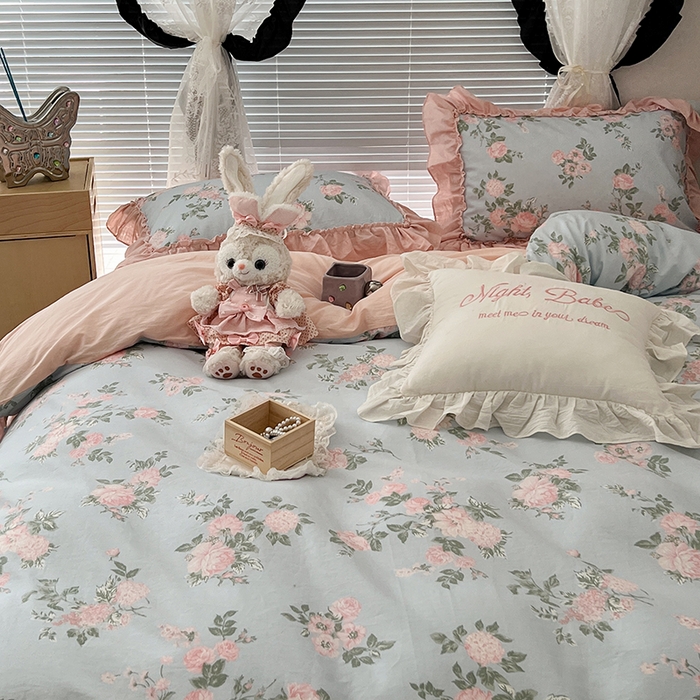 91家纺网 家纺一手货源 找家纺 昔可家纺 2024新款双层纱贴边全棉四件套 西曼蔷薇