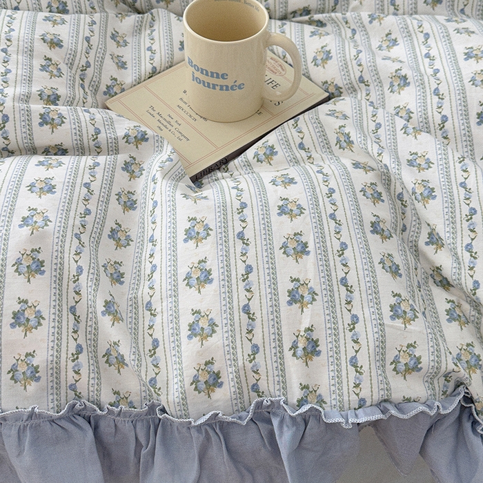 91家纺网 家纺一手货源 找家纺 昔可家纺 2024新款双层纱贴边全棉四件套 蓝茵篱珞