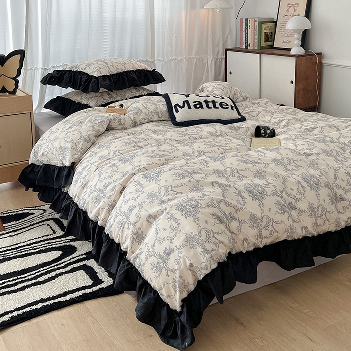 91家纺网 家纺一手货源 找家纺 昔可家纺 2024黑色贴边花边全棉款四件套 香榭假日