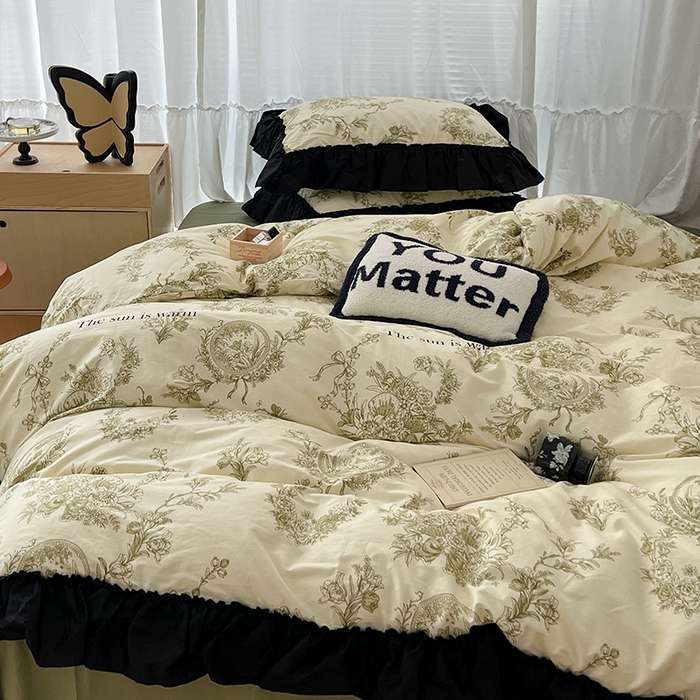 91家纺网 家纺一手货源 找家纺 昔可家纺 2024黑色贴边花边全棉款四件套 复古法式庄园