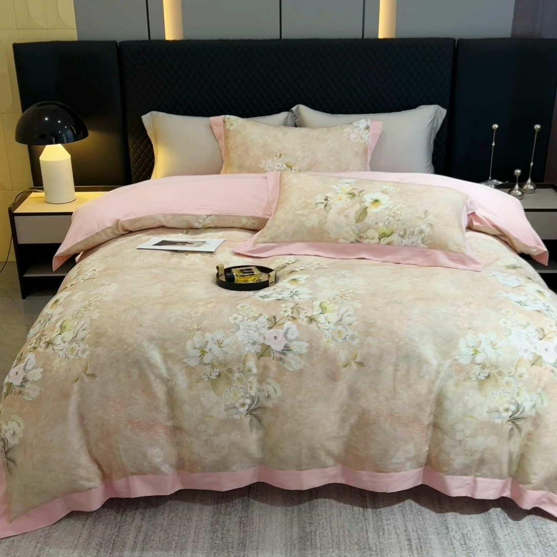 91家纺网 家纺一手货源 找家纺 氧家 2024新款数码印花天丝磨毛艾阳绒四件套 语蓉粉