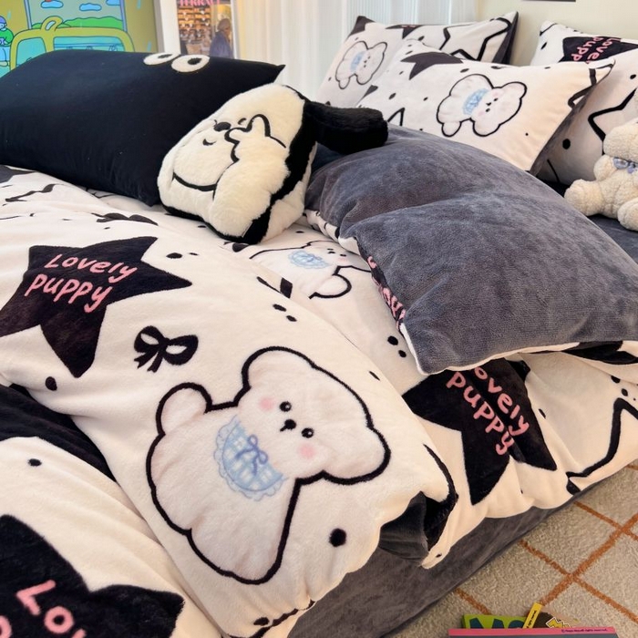 91家纺网 家纺一手货源 找家纺 2024新款原创小清新牛奶绒印花四件套 幸运狗