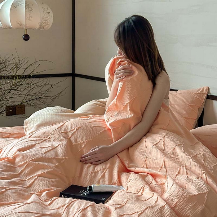 91家纺网 家纺一手货源 找家纺 2024新款全棉提花四件套-V克托瑞 桃橘色