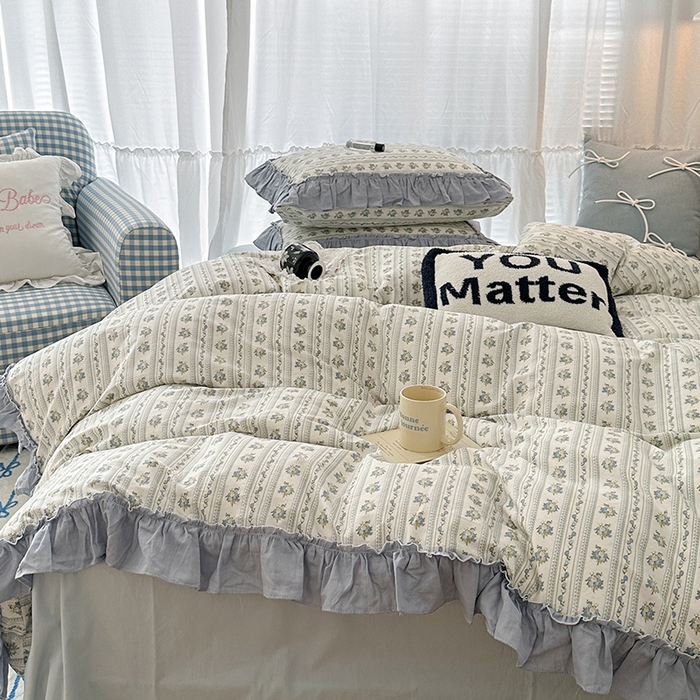 91家纺网 家纺一手货源 找家纺 昔可家纺 2024新款双层纱贴边全棉四件套 蓝茵篱珞