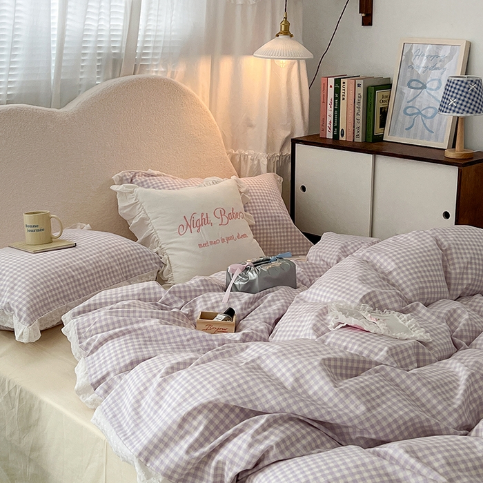 91家纺网 家纺一手货源 找家纺 昔可家纺 2024新款m1u系格子蕾丝花边四件套 奶油紫格