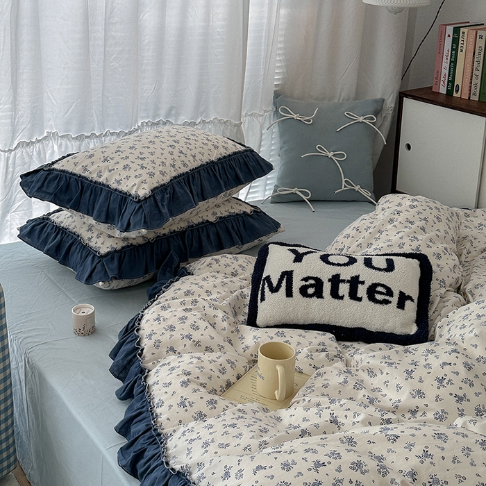 91家纺网 家纺一手货源 找家纺 昔可家纺 2024新款双层纱贴边全棉四件套 复古小蓝花