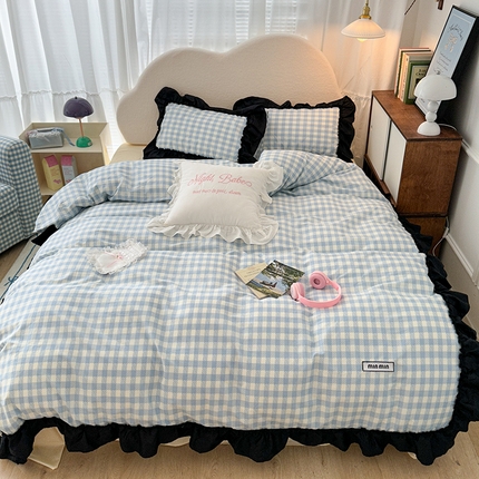 昔可家纺 2024黑色贴边花边款格子系列四件套 缪缪蓝格