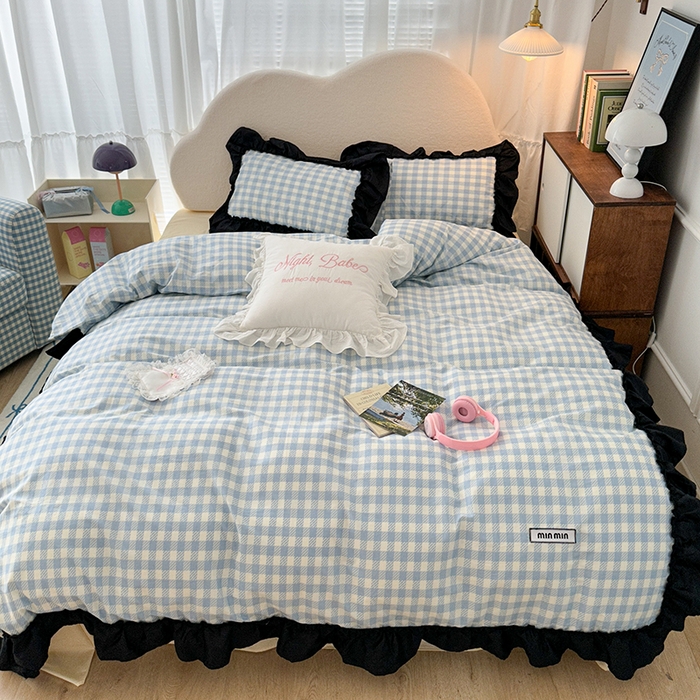 91家纺网 家纺一手货源 找家纺 昔可家纺 2024黑色贴边花边款格子系列四件套 缪缪蓝格