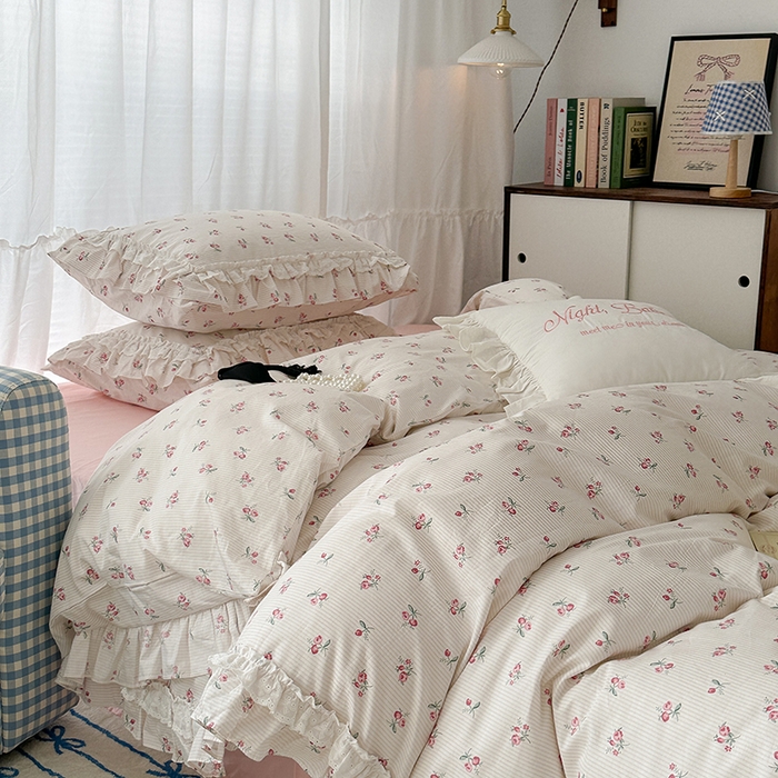 91家纺网 家纺一手货源 找家纺 昔可家纺 2024蕾丝双层花边款全棉四件套 小椿芽