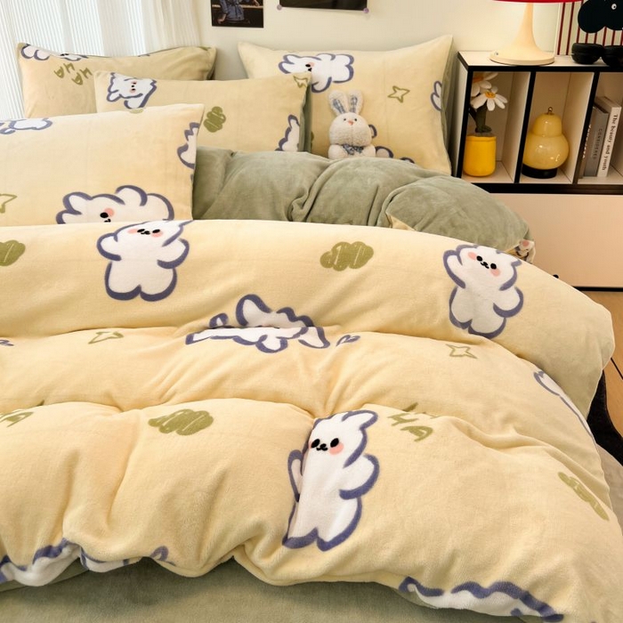 91家纺网 家纺一手货源 找家纺 2024新款原创小清新牛奶绒印花四件套 兔宝宝