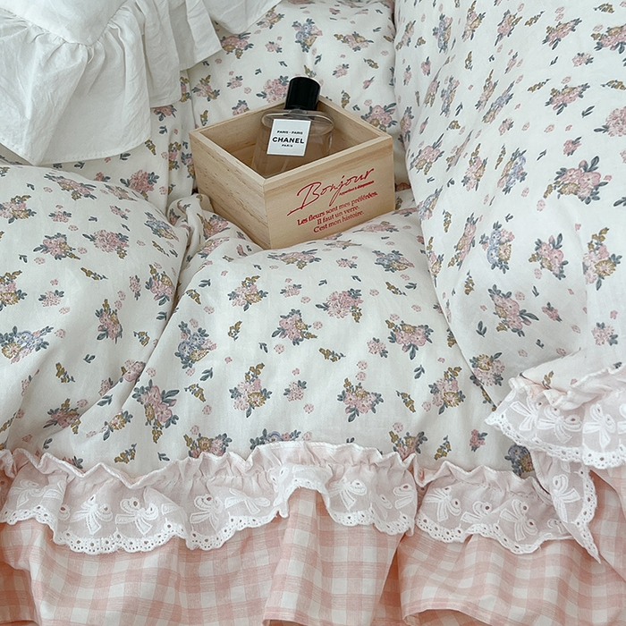 91家纺网 家纺一手货源 找家纺 昔可家纺 2024蕾丝双层花边款全棉四件套 春鹭杏花
