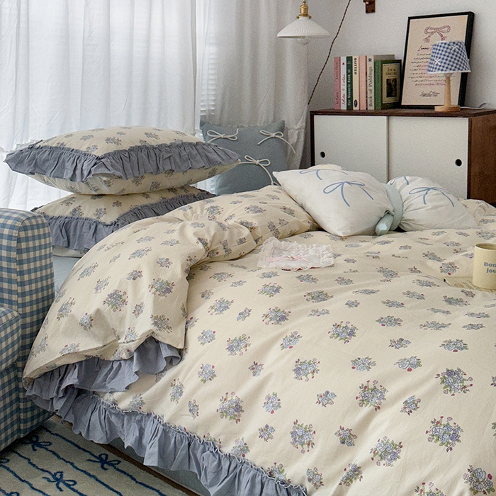 91家纺网 家纺一手货源 找家纺 昔可家纺 2024新款双层纱贴边全棉四件套 鸢尾蓝黛