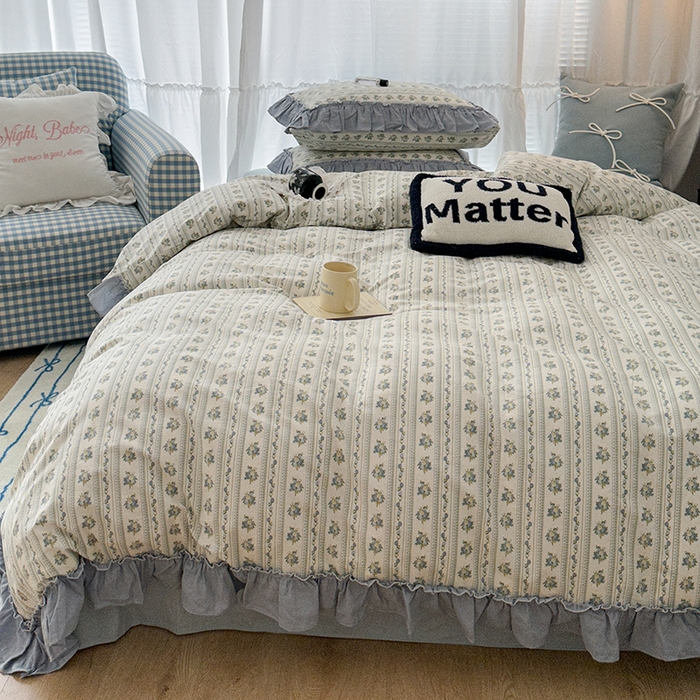 91家纺网 家纺一手货源 找家纺 昔可家纺 2024新款双层纱贴边全棉四件套 蓝茵篱珞