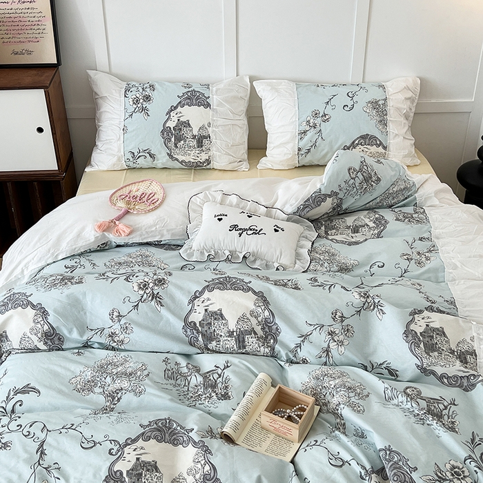 91家纺网 家纺一手货源 找家纺 昔可家纺 2024新款韩版花边工艺款四件套 复古城堡