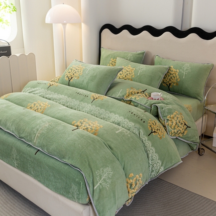 91家纺网 家纺一手货源 找家纺 欧喜璐 2024年新款 8.5-9.5斤加厚牛奶绒金貂绒法莱绒四件套单被套 银杏树