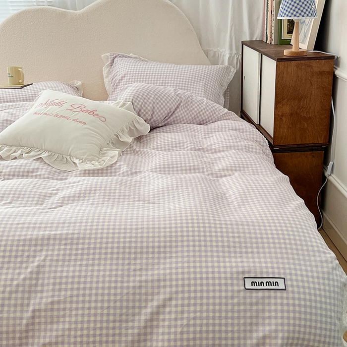 91家纺网 家纺一手货源 找家纺 昔可家纺 2024新款m1u系格子蕾丝花边四件套 奶油紫格