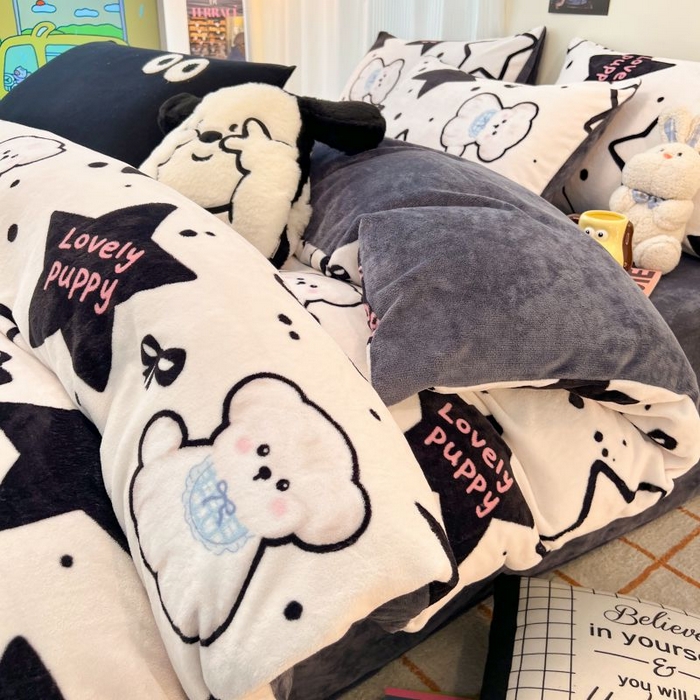 91家纺网 家纺一手货源 找家纺 2024新款原创小清新牛奶绒印花四件套 幸运狗