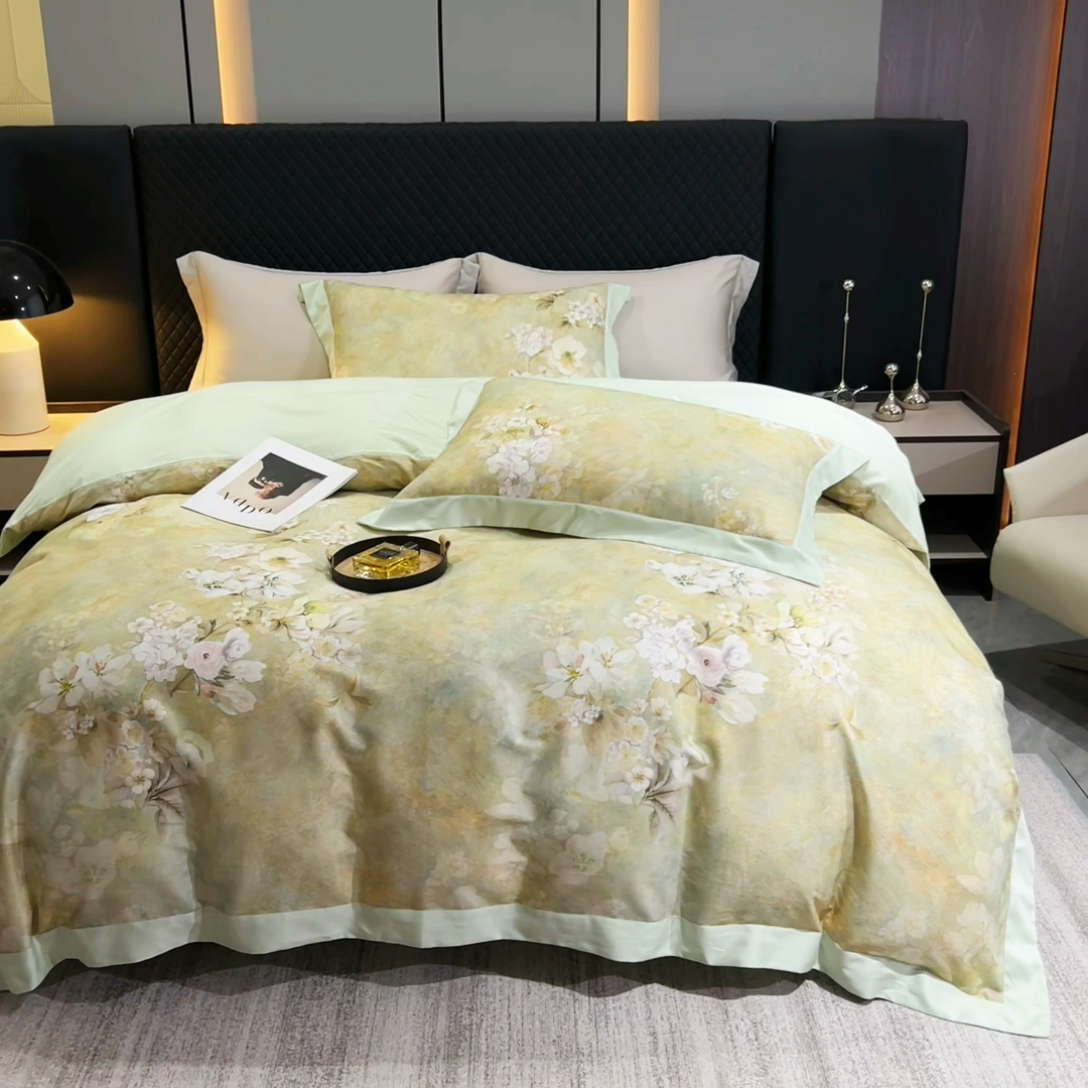 91家纺网 家纺一手货源 找家纺 氧家 2024新款数码印花天丝磨毛艾阳绒四件套 语蓉绿