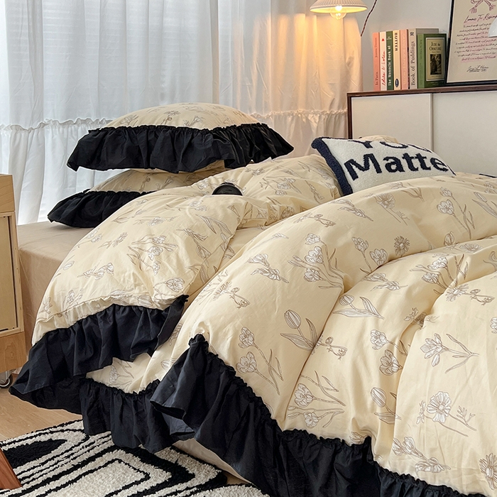 91家纺网 家纺一手货源 找家纺 昔可家纺 2024黑色贴边花边全棉款四件套 水墨栖语