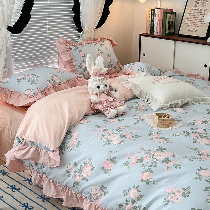 91家纺网 家纺一手货源 找家纺 昔可家纺 2024新款双层纱贴边全棉四件套 西曼蔷薇