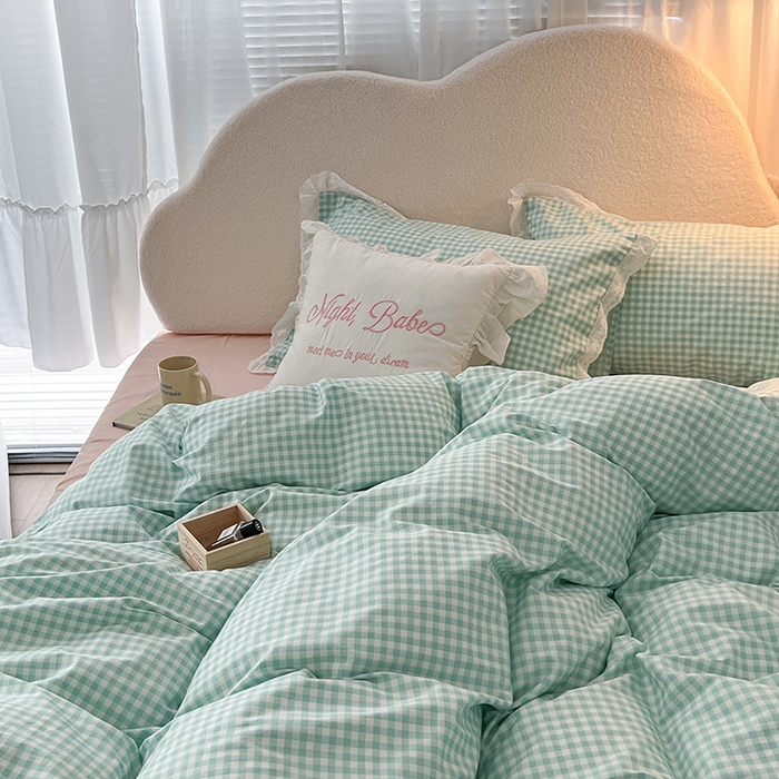 91家纺网 家纺一手货源 找家纺 昔可家纺 2024新款m1u系格子蕾丝花边四件套 森系绿格