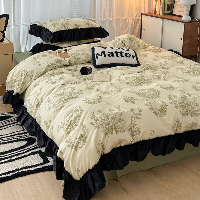 91家纺网 家纺一手货源 找家纺 昔可家纺 2024黑色贴边花边全棉款四件套 复古法式庄园