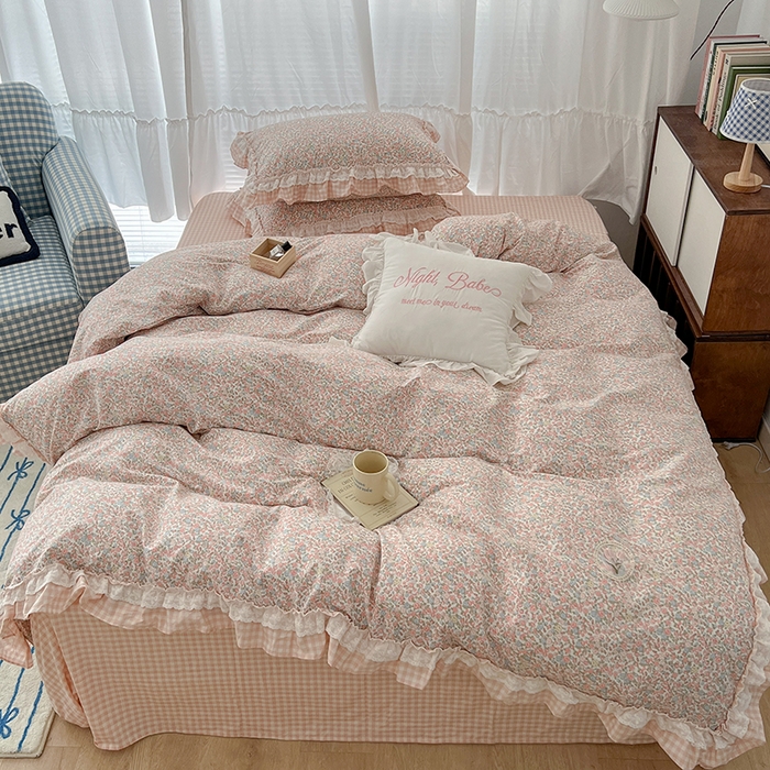 91家纺网 家纺一手货源 找家纺 昔可家纺 2024蕾丝双层花边款全棉四件套 日落花海