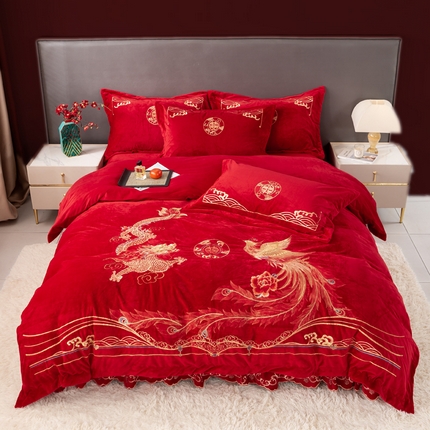 91家纺网 家纺一手货源 找家纺 张公子婚庆馆 2025新款宝宝绒婴儿绒婚庆刺绣四件套 高克重高端婚庆床上用品绣花四件套 山盟海誓