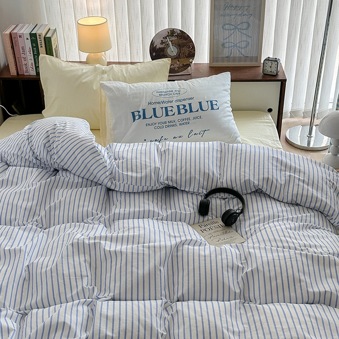 91家纺网 家纺一手货源 找家纺 昔可家纺 2024新款竖条全棉四件套大版枕套系列 盐系蓝条纹
