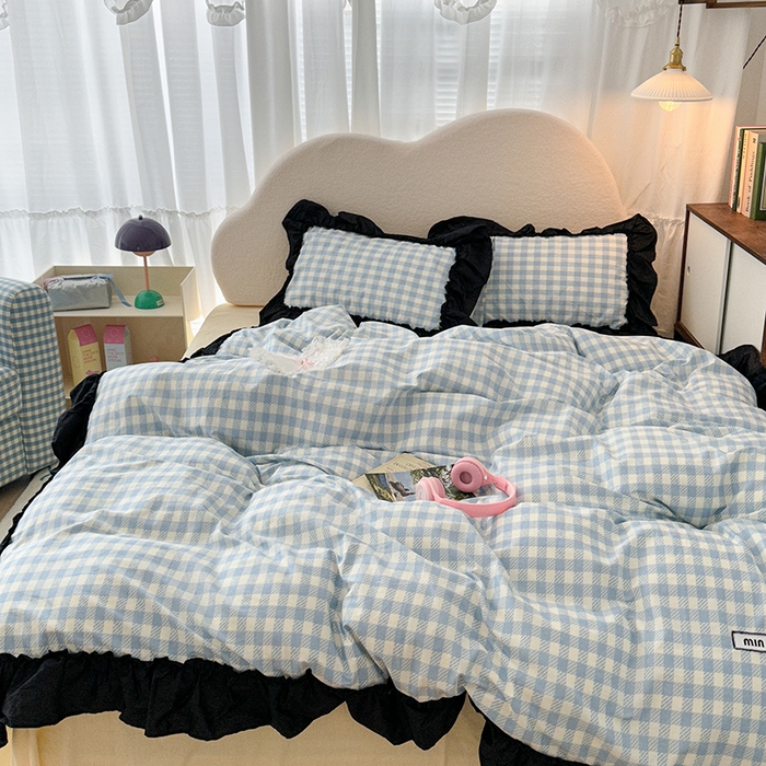 91家纺网 家纺一手货源 找家纺 昔可家纺 2024黑色贴边花边款格子系列四件套 缪缪蓝格