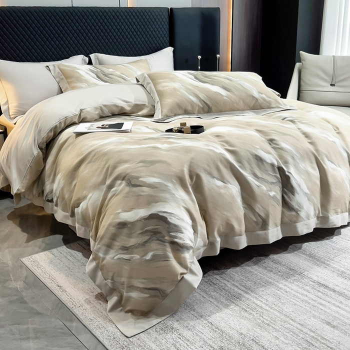 91家纺网 家纺一手货源 找家纺 氧家 2024新款数码印花天丝磨毛艾阳绒四件套 云汉卡其