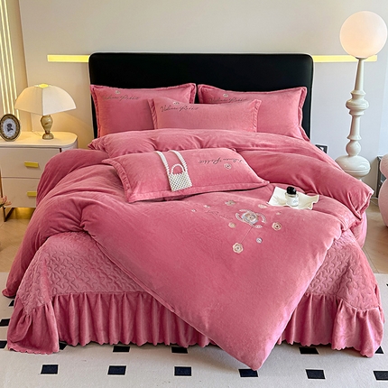 陌乘坊家纺 2024新款牛奶绒床盖款四件套-香奈 香奈-豆沙色