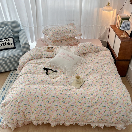 昔可家纺 2024蕾丝双层花边款全棉四件套 春山花漫