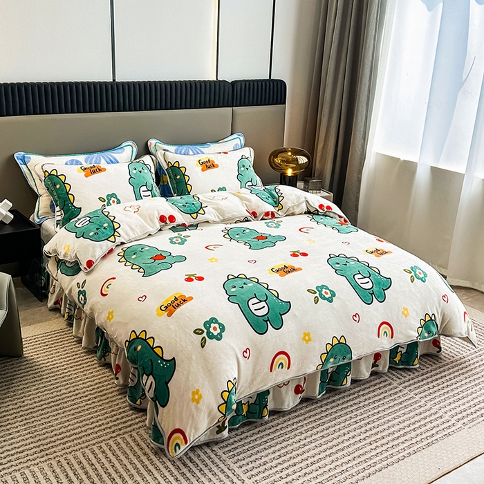 91家纺网 家纺一手货源 找家纺 欧喜璐 2024年新款 8.5-9.5斤加厚牛奶绒金貂绒法莱绒四件套单被套 小恐龙