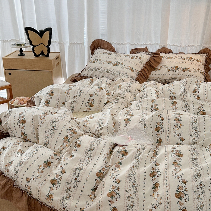 91家纺网 家纺一手货源 找家纺 昔可家纺 2024新款双层纱贴边全棉四件套 复古咖玫瑰