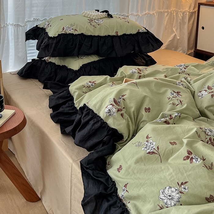 91家纺网 家纺一手货源 找家纺 昔可家纺 2024黑色贴边花边全棉款四件套 海瑟薇