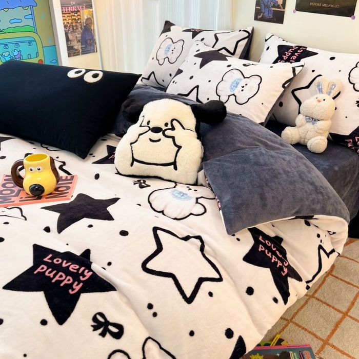 91家纺网 家纺一手货源 找家纺 2024新款原创小清新牛奶绒印花四件套 幸运狗