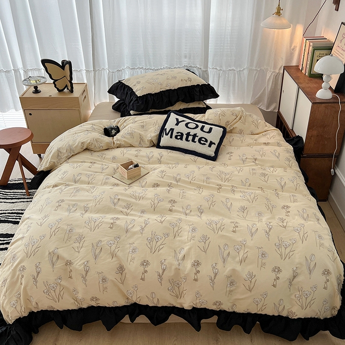 91家纺网 家纺一手货源 找家纺 昔可家纺 2024黑色贴边花边全棉款四件套 水墨栖语